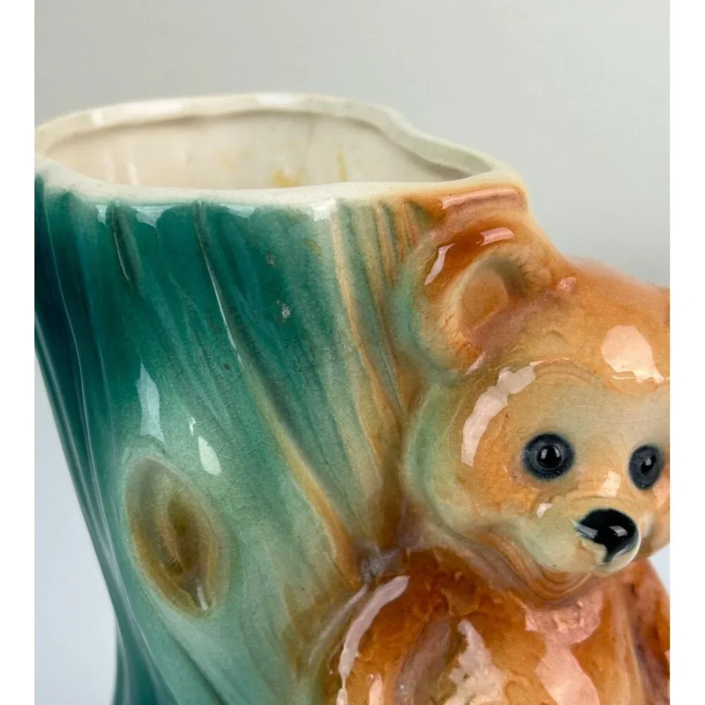 Vintage Royal Copley Bear & Tree Trunk Planter Vase Green Brown Animal Decor